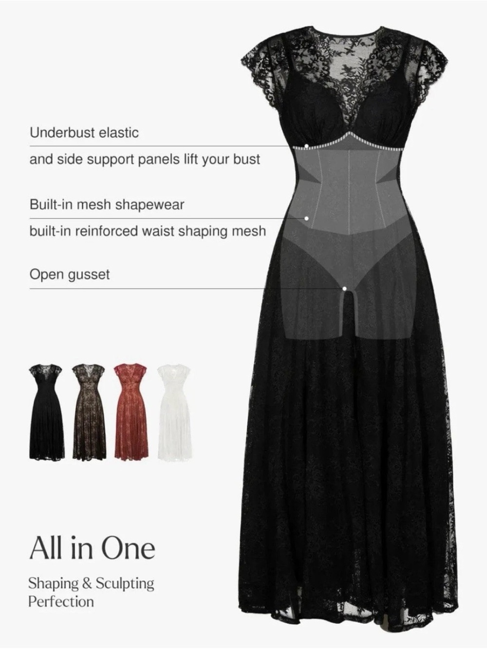Popilush Black XL Shapewear Lace Fantasy Maxi Sculpting Dress Boho Whimsigoth - Picture 2 of 14